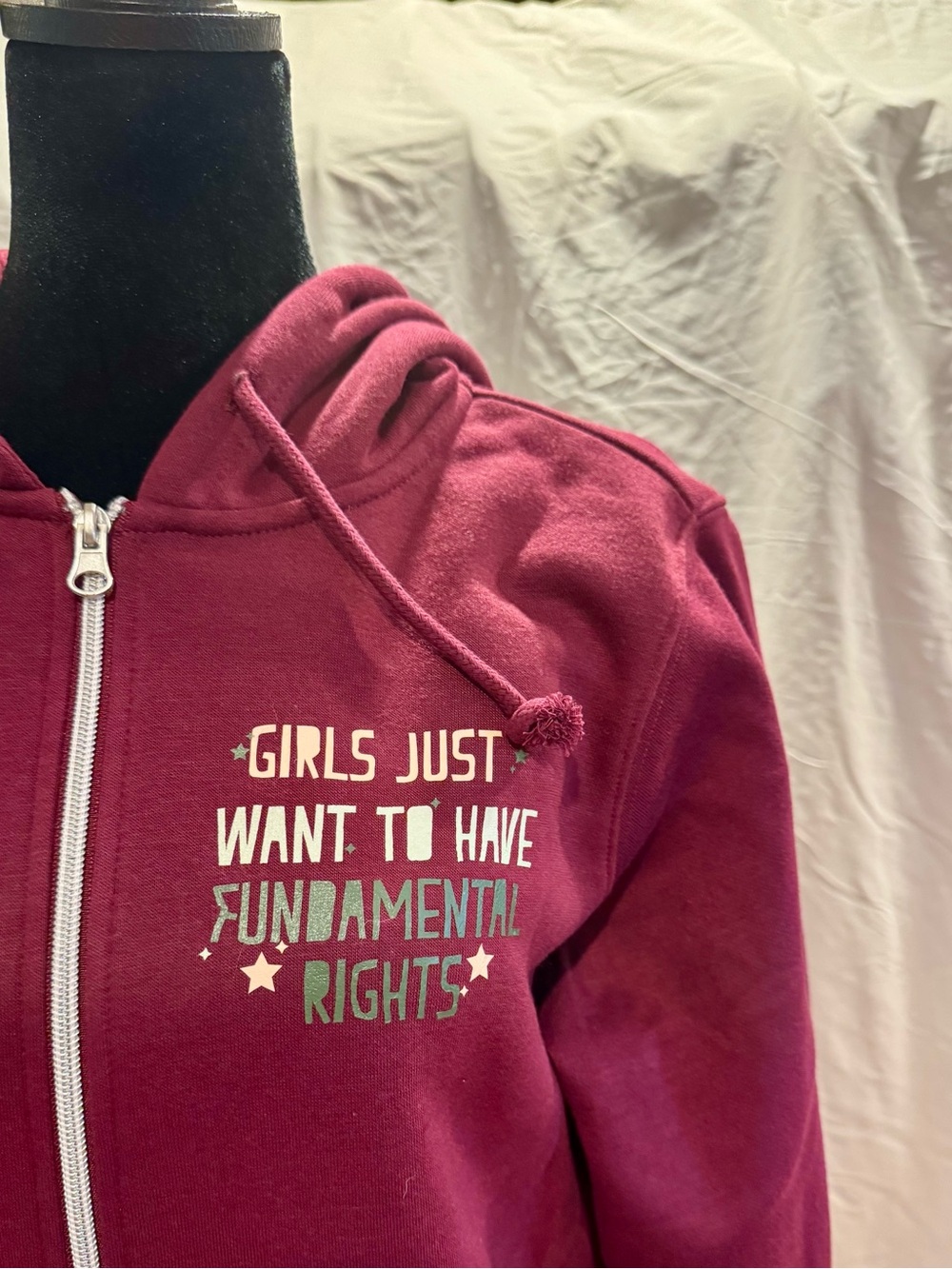 Burgundy “Girls Just Want Fundamental Human Right” Zip-Up Hoodie (custom design) - Picture 2 of 5